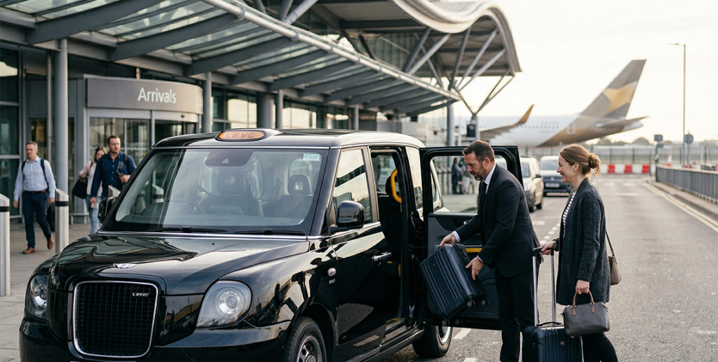 driver helping passenger with luggage